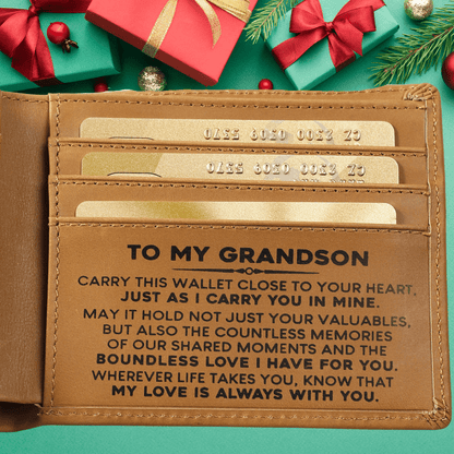 My Grandson "Boundless Love" Engraved Bi-Fold Leather Wallet