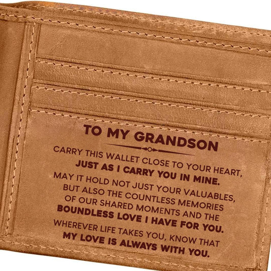 My Grandson "Boundless Love" Engraved Bi-Fold Leather Wallet