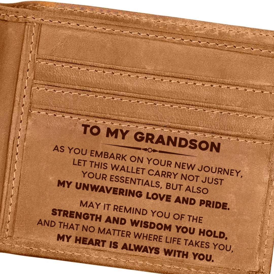 My Grandson "New Journey" Engraved Bi-Fold Leather Wallet