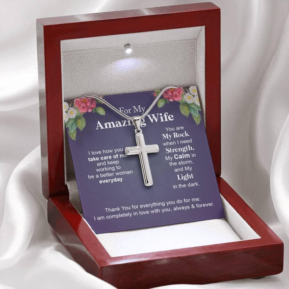 Amazing Wife - 14k White Gold Cross Necklace