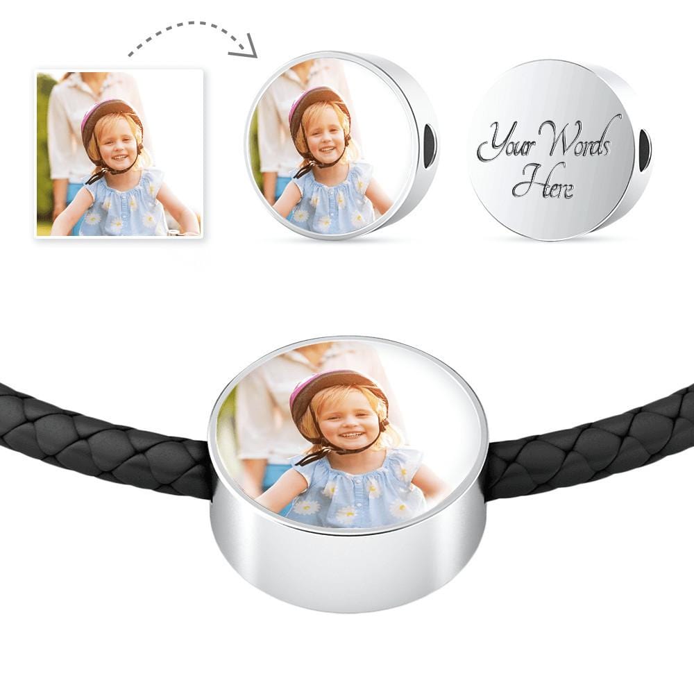 Personalized Photo - Circle Charm on Genuine Leather Woven Bracelet